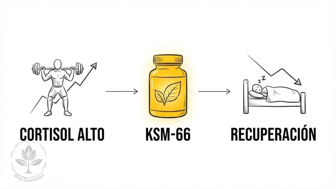 Regulación del Cortisol con KSM-66 — EcoHerbal Viñeta que ilustra el proceso de regulación del cortisol con ashwagandha KSM-66 desde el entrenamiento hasta la recuperación