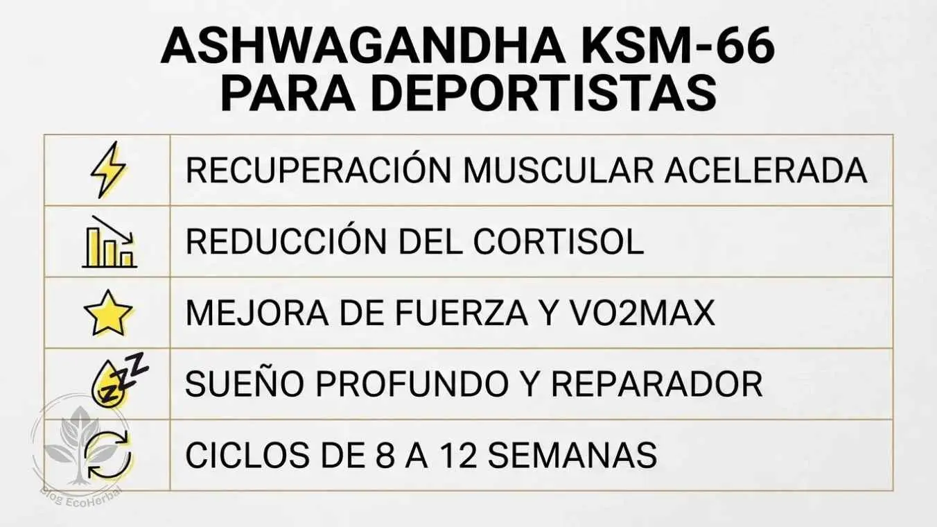 Resumen Visual Ashwagandha KSM-66 Rendimiento — EcoHerbal Tarjeta visual con resumen de beneficios de ashwagandha KSM-66 para deportistas incluyendo dosis y ciclos