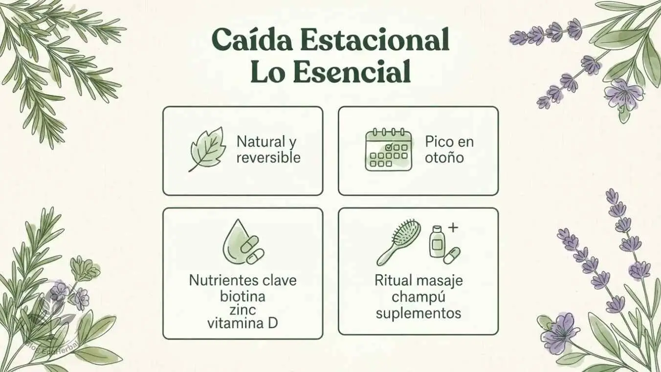 Resumen Visual Caída Estacional del Cabello — EcoHerbal Infografía resumen con las cuatro claves de la caída estacional del cabello en formato de tarjetas botánicas