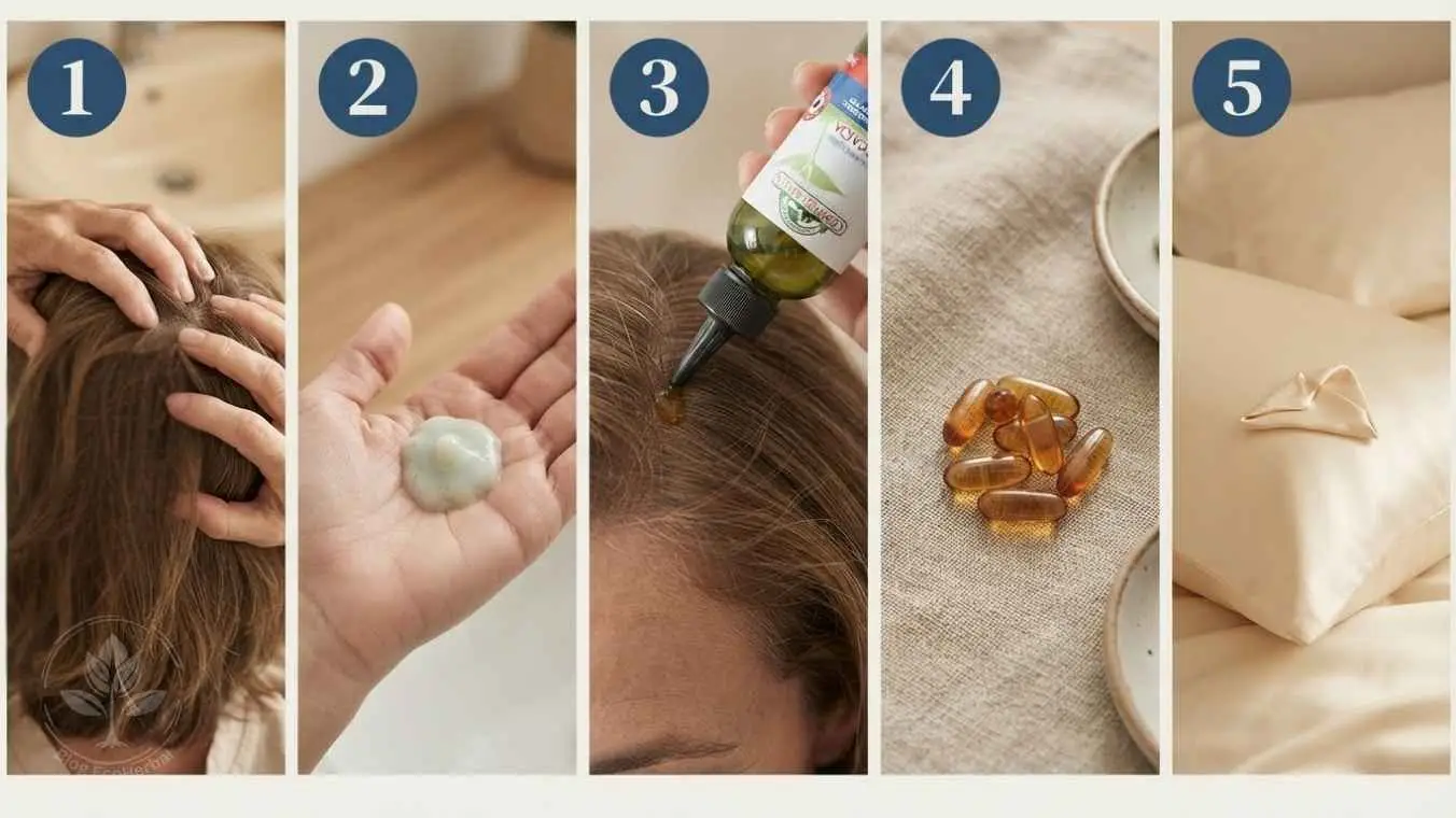 Ritual de Belleza Consciente para el Cabello en 5 Pasos — EcoHerbal Guía visual del ritual de belleza consciente en cinco pasos numerados para frenar la caída estacional del cabello optimizado para lectura en móvil