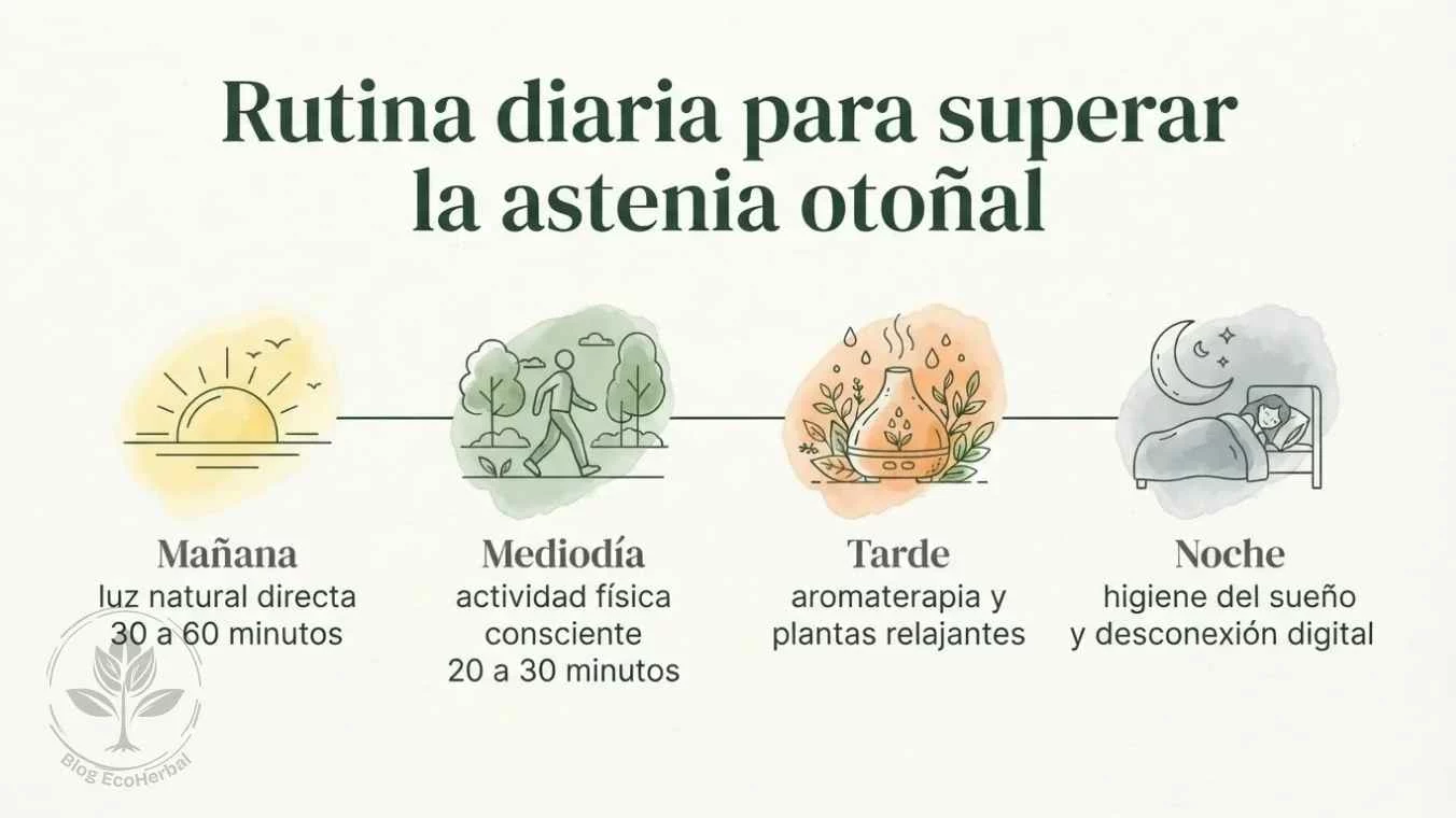 Rutina diaria contra la astenia otoñal — EcoHerbal Diagrama de flujo horizontal con la rutina diaria para superar la astenia otoñal luz matutina movimiento aromaterapia y descanso