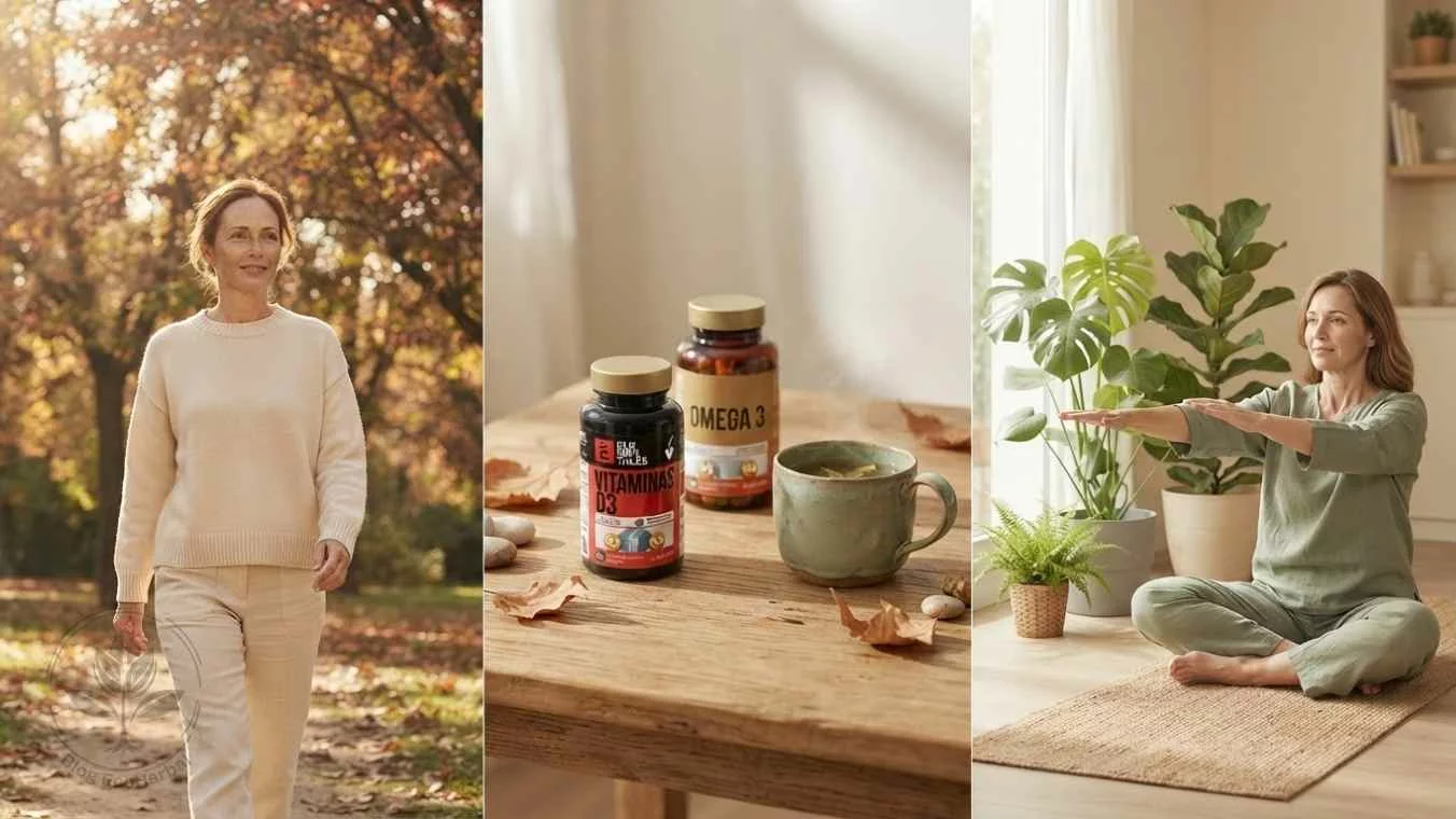 Soluciones naturales para la astenia otoñal — EcoHerbal Collage de tres paneles con soluciones naturales para la astenia otoñal luz solar matutina suplementación y yoga suave
