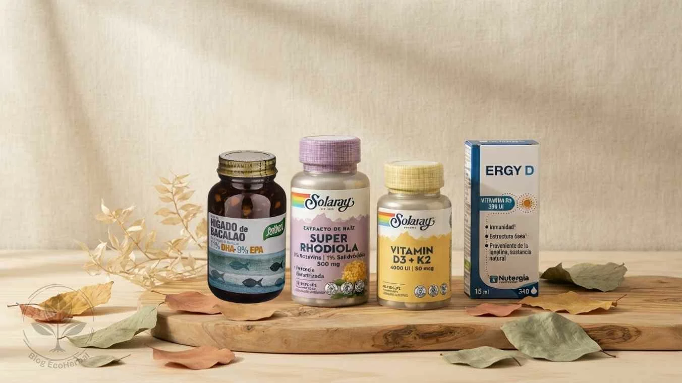 Suplementación estratégica para el otoño — EcoHerbal Botes de suplementos naturales santiveri y solaray para la astenia otoñal sobre madera con hojas secas decorativas