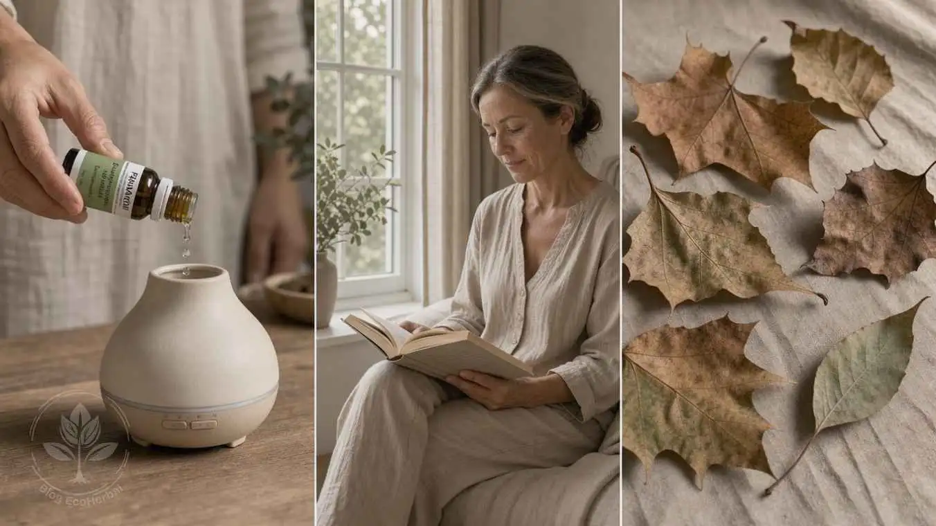 Collage de tres imágenes mostrando aromaterapia, lectura y naturaleza en tonos otoñales.
