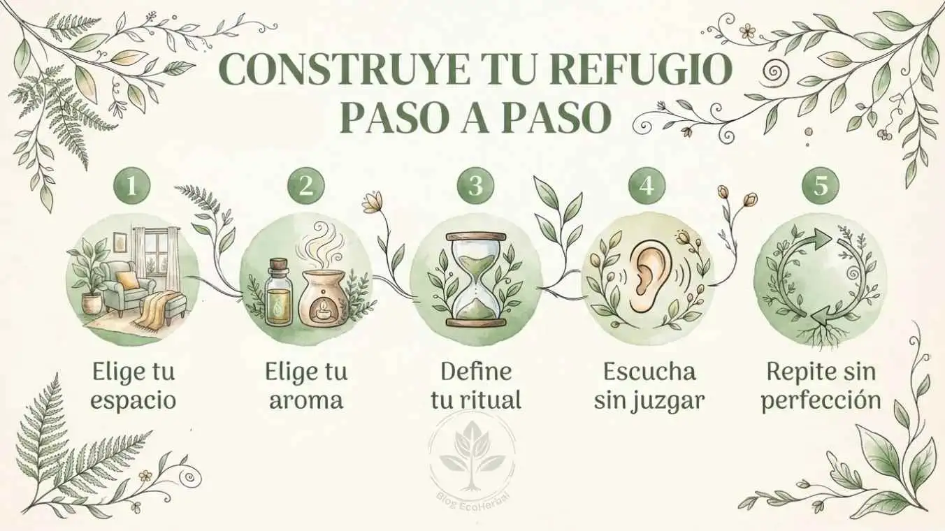 Infografía ilustrada con acuarela mostrando cinco pasos para construir un refugio emocional.