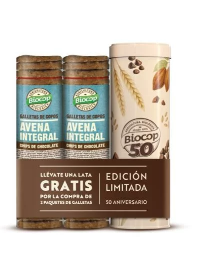 repostería y chocolates PACK GALLETAS COPOS AVENA INTEGRAL CHIPS CHOCO 2X250GR+ LATA ANIVERSARIO