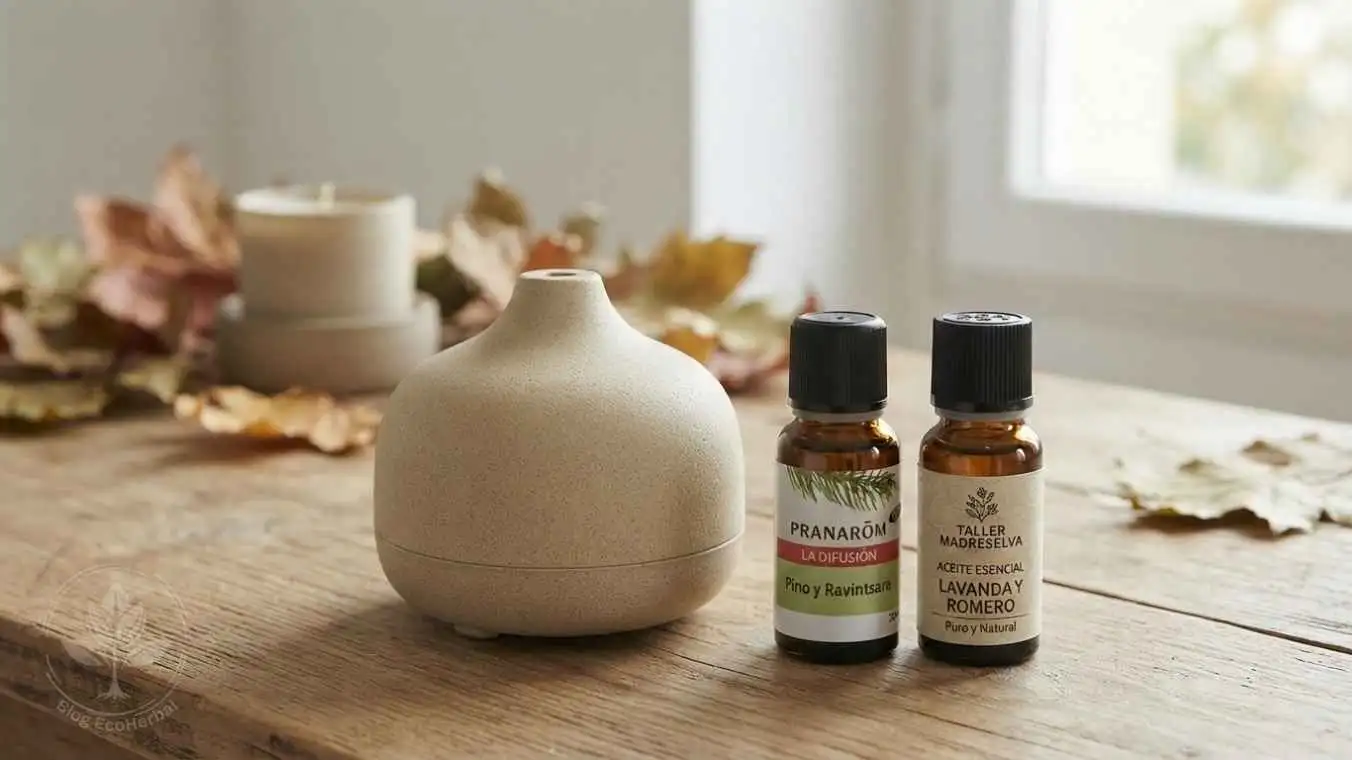 Foto de producto de aceites esenciales y difusor en un entorno natural y acogedor.