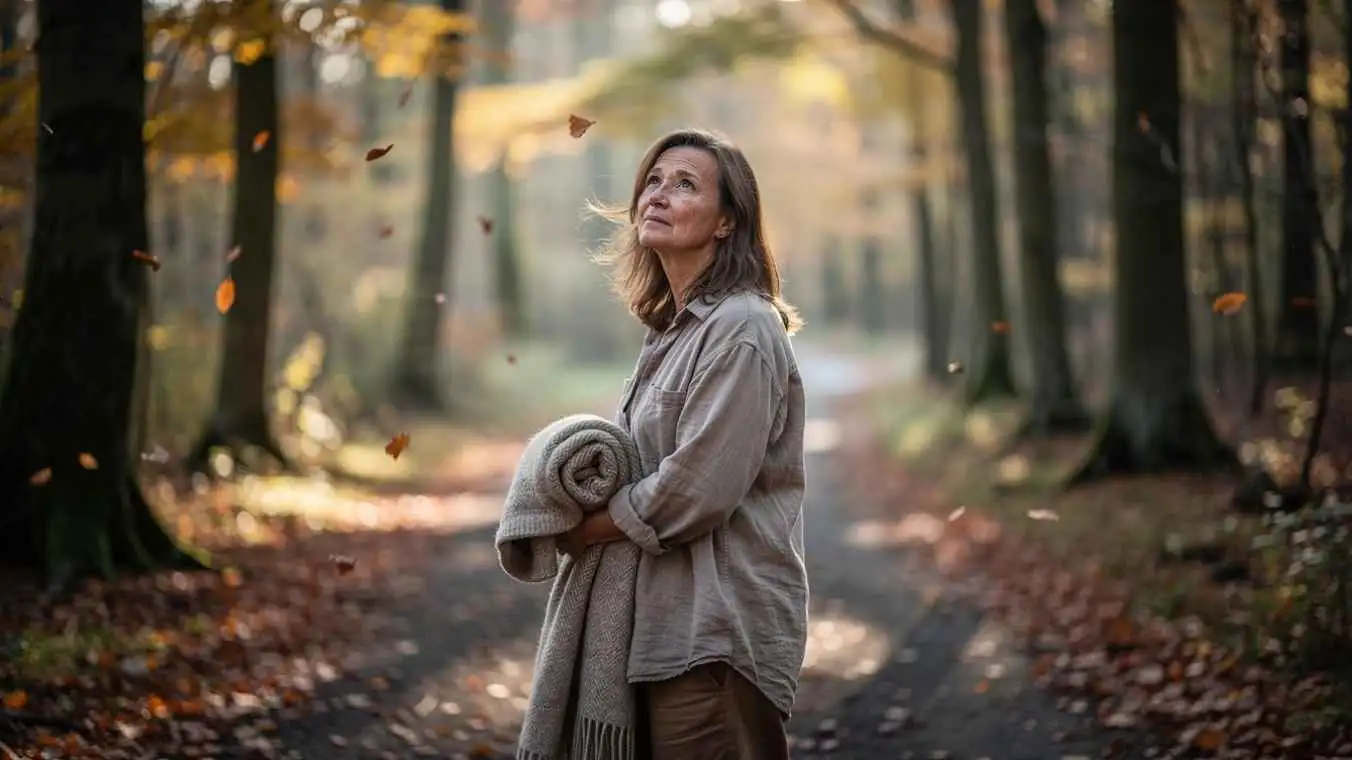 Mujer de 55 años reflexionando en un entorno de otoño con luz suave, representando la introspección y el cambio de estación.