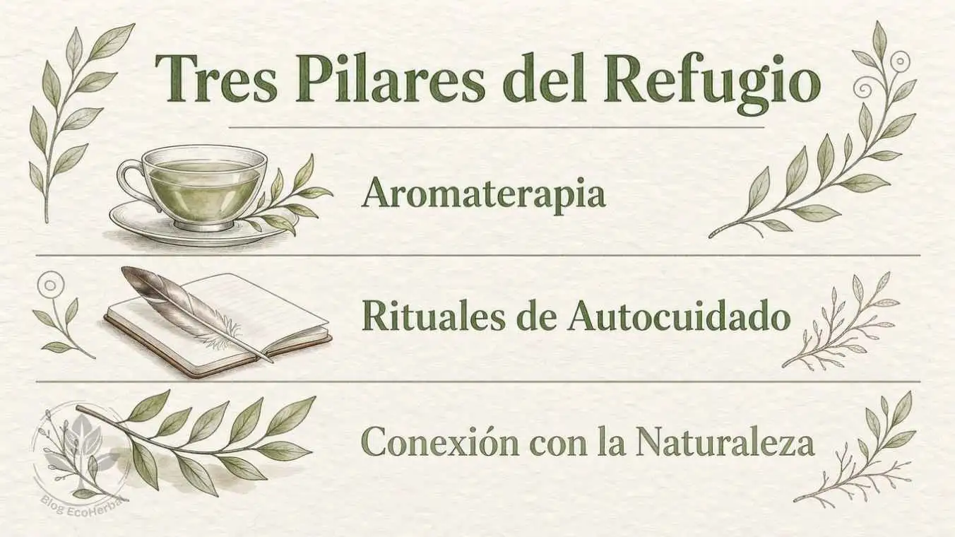 infografía ilustrada con acuarela mostrando los tres pilares del refugio emocional: aromaterapia, rituales y naturaleza.