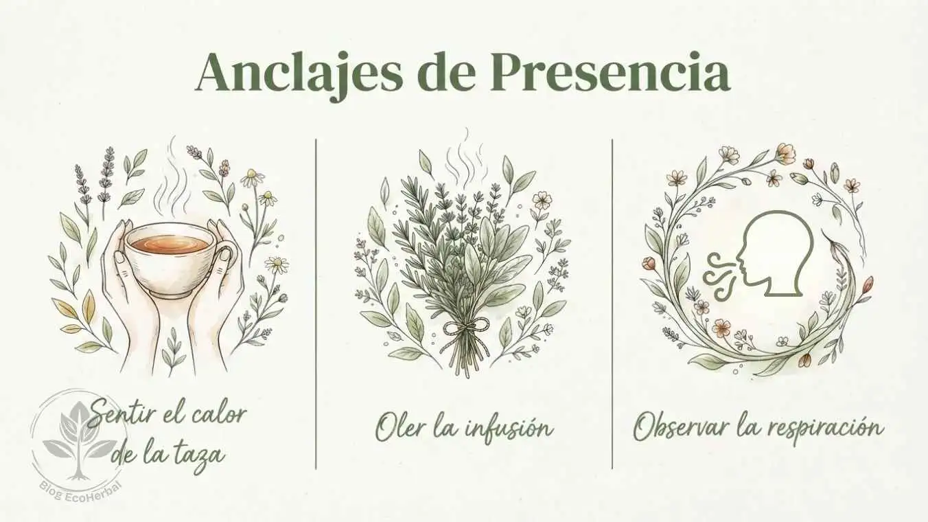 Infografía ilustrada con acuarela mostrando tres anclajes de presencia para el ritual de autocuidado.