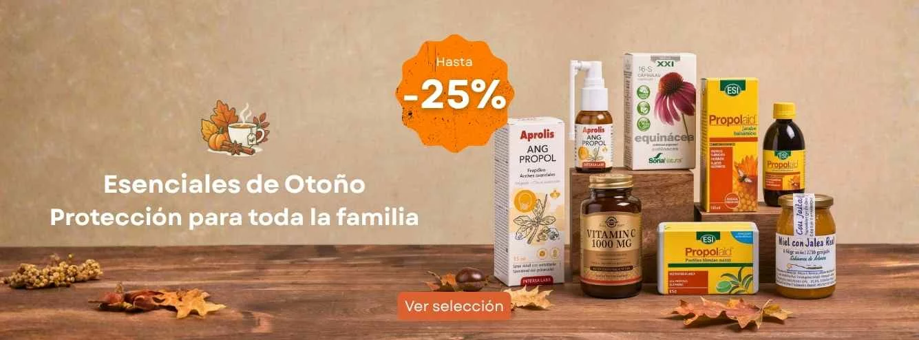 Suplementos naturales de otoño de las marcas Sabinares de la Arlanza ESI Soria Natural Nutergia e Intersa agrupados como escaparate premium sobre madera oscura con hojas otoñales y espacio negativo para texto promocional
